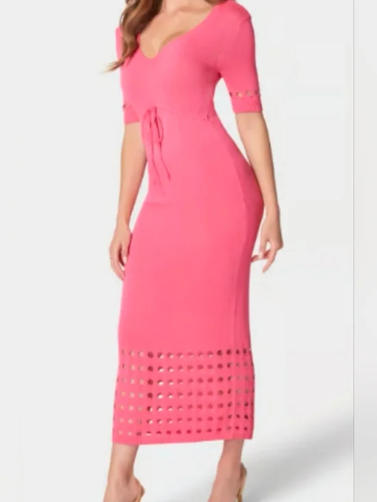 BEBE Tie Front Cutout Crochet Midi Dress  Fuchsia Women's Size Small NWT - Picture 2 of 11